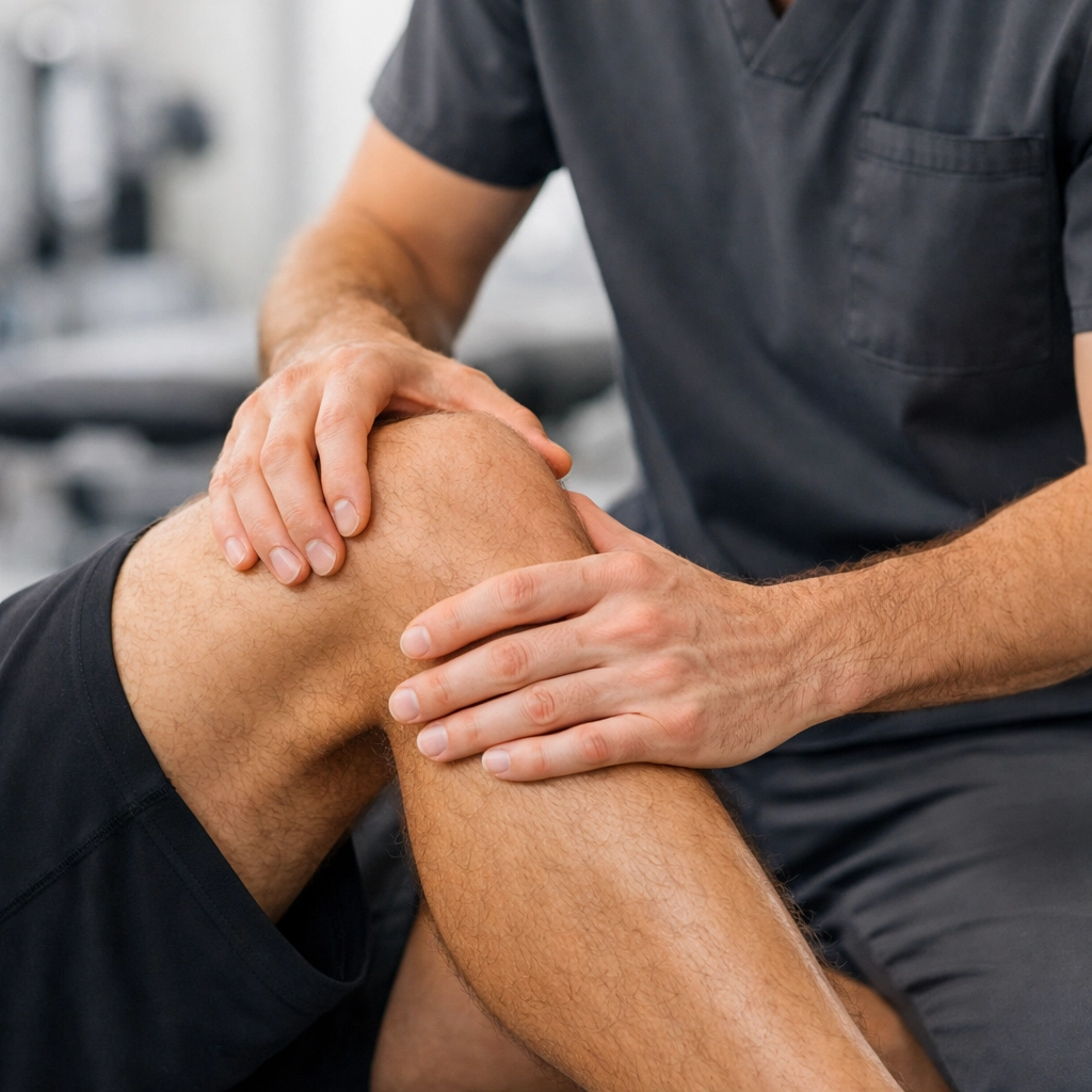Sports medicine specialist performing a clinical assessment on an athlete's knee for injury diagnosis.