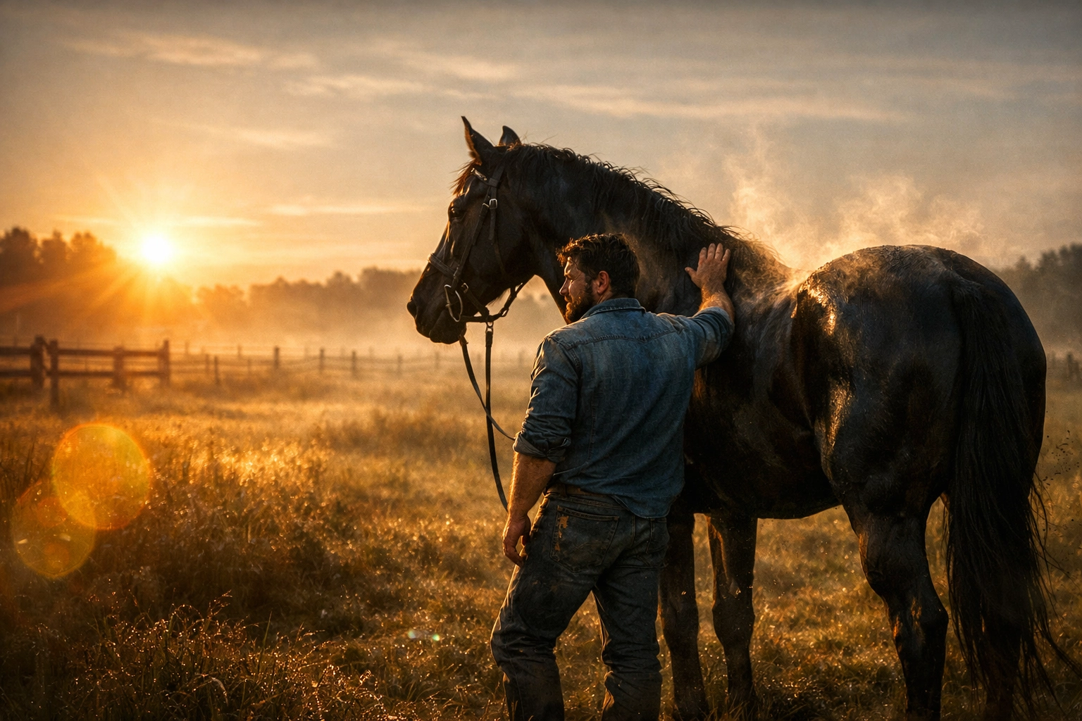 A rugged gay man with a black horse in a golden field, reflecting MM romance book tropes.