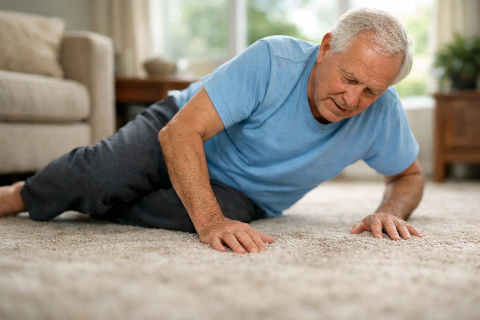 Senior man pushing up from floor to seated position after a fall