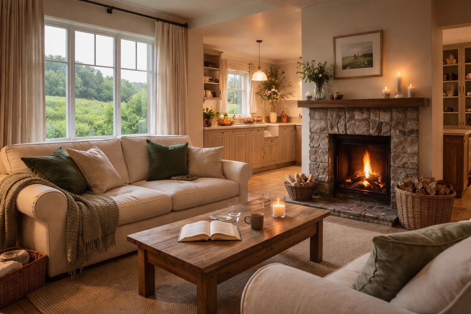 Spacious self-catering holiday home living room in Kenmare with cozy sofa, fireplace, and countryside views.