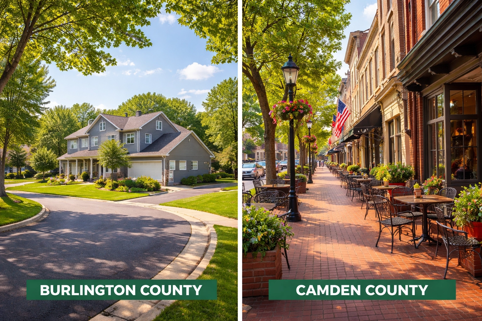 Split-screen image comparing Burlington County's suburban neighborhoods with Camden County's historic downtown streets in South Jersey.