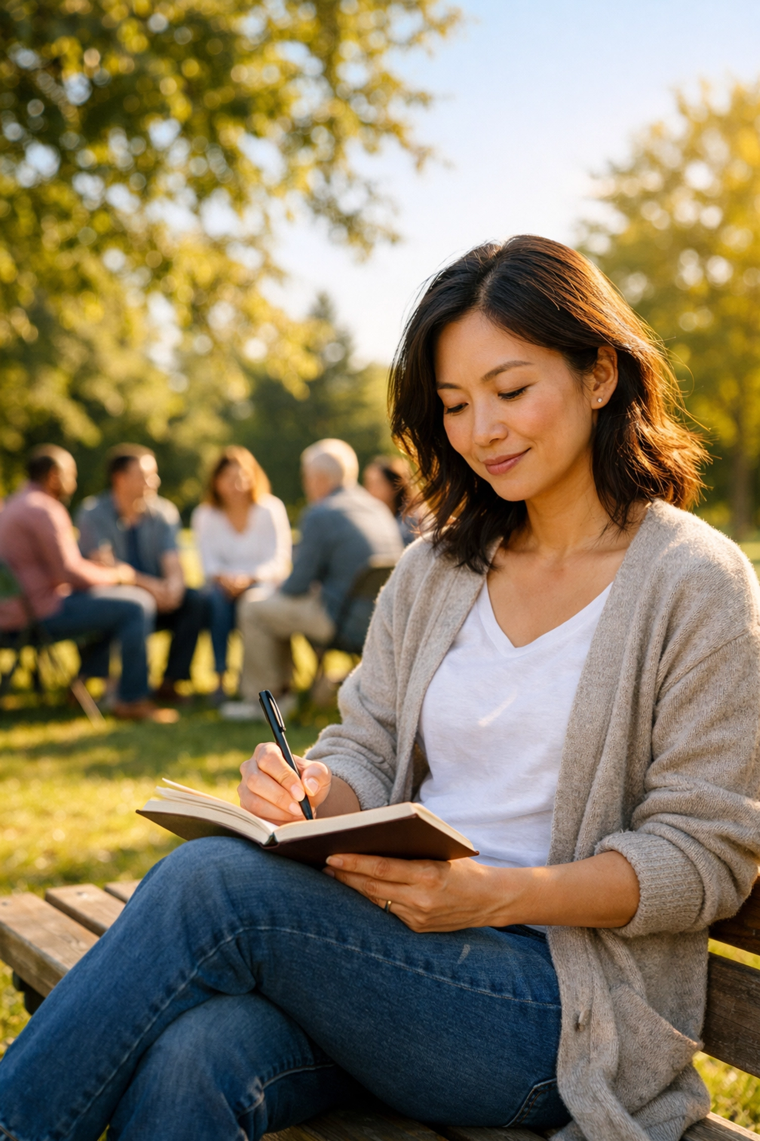 Woman practicing self-care through journaling while support group meets in park background