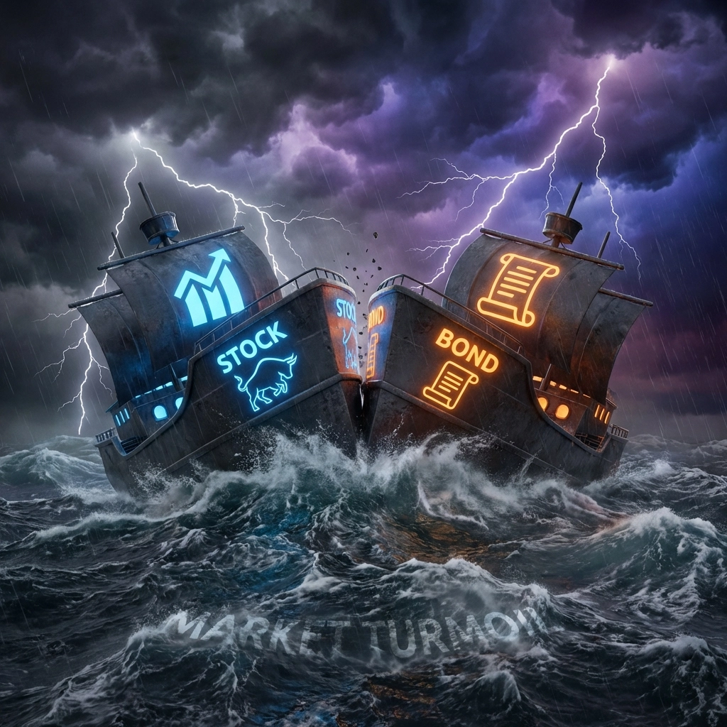 Stormy seas with colliding stock and bond ships symbolize traditional 60/40 portfolio failure during market volatility