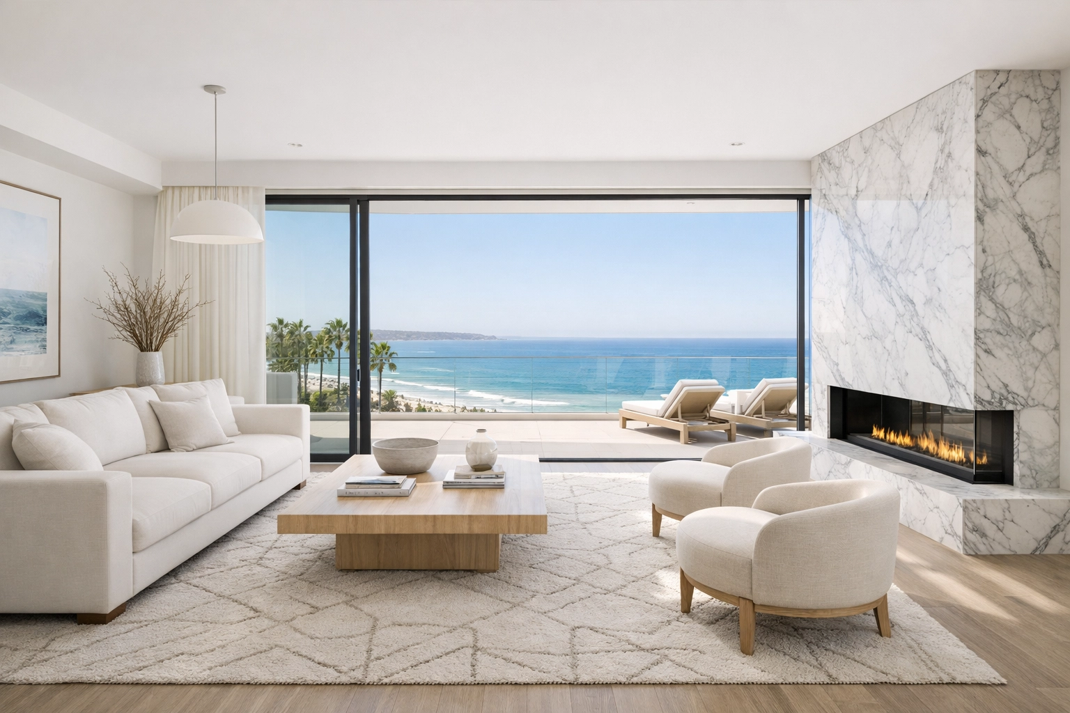 Professional photography of a luxury San Diego vacation rental living room with ocean views.