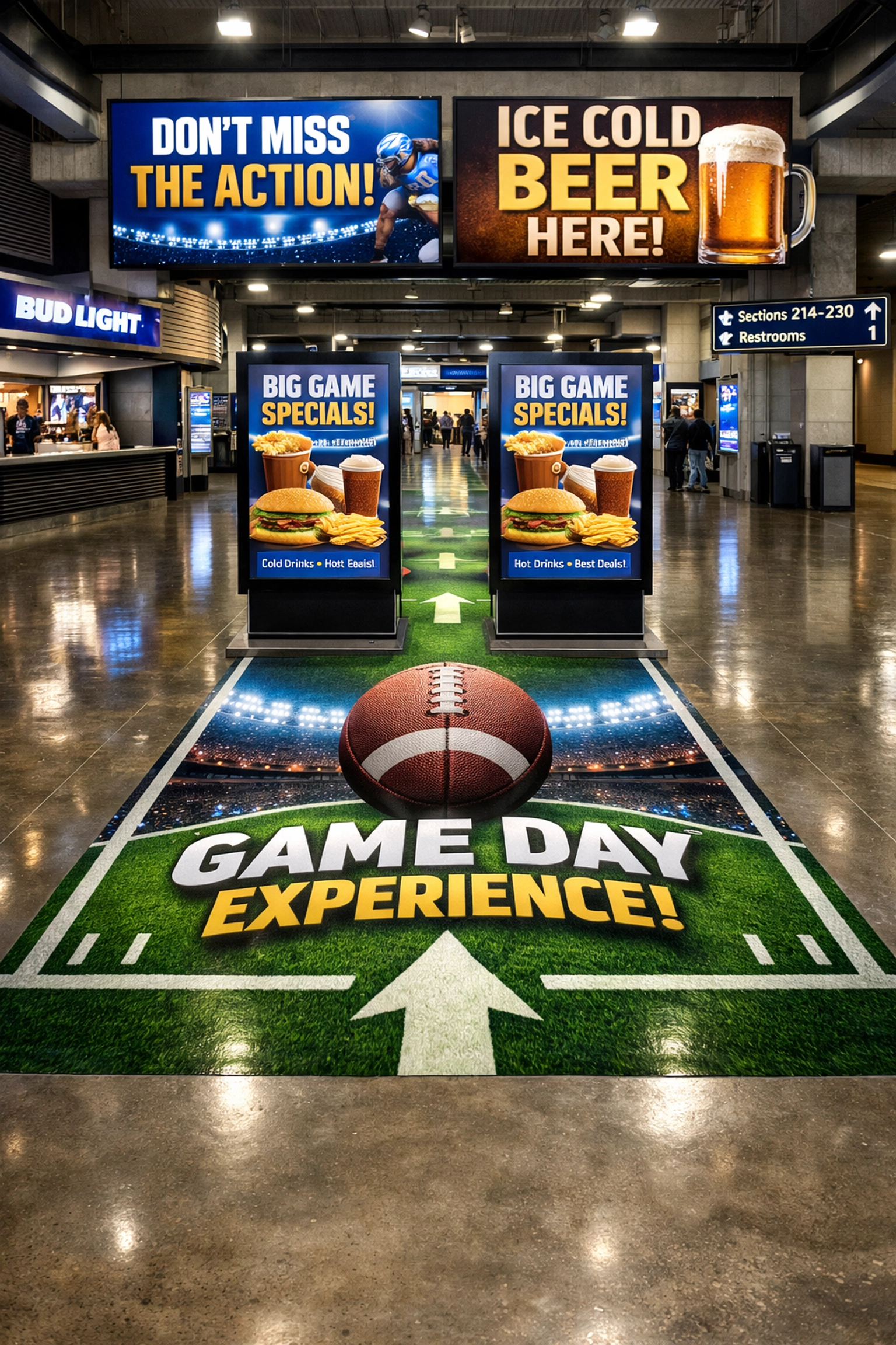 Interactive stadium floor graphics and digital advertising kiosks enhancing fan engagement.