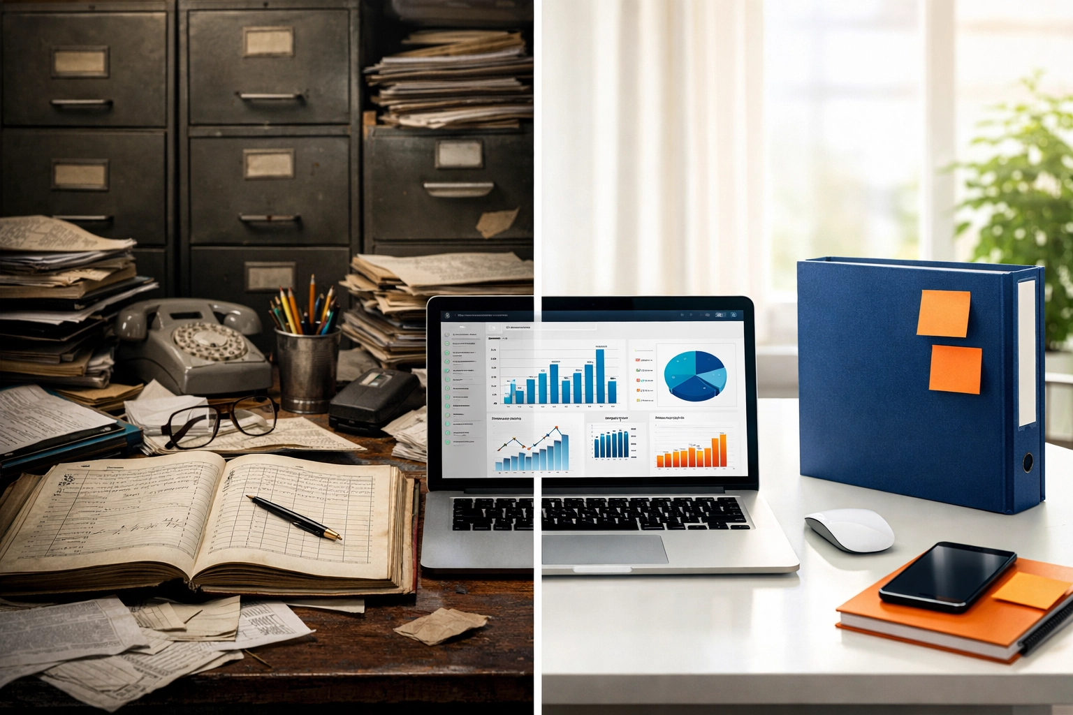 Comparison of cluttered paperwork versus organized digital business data and systems