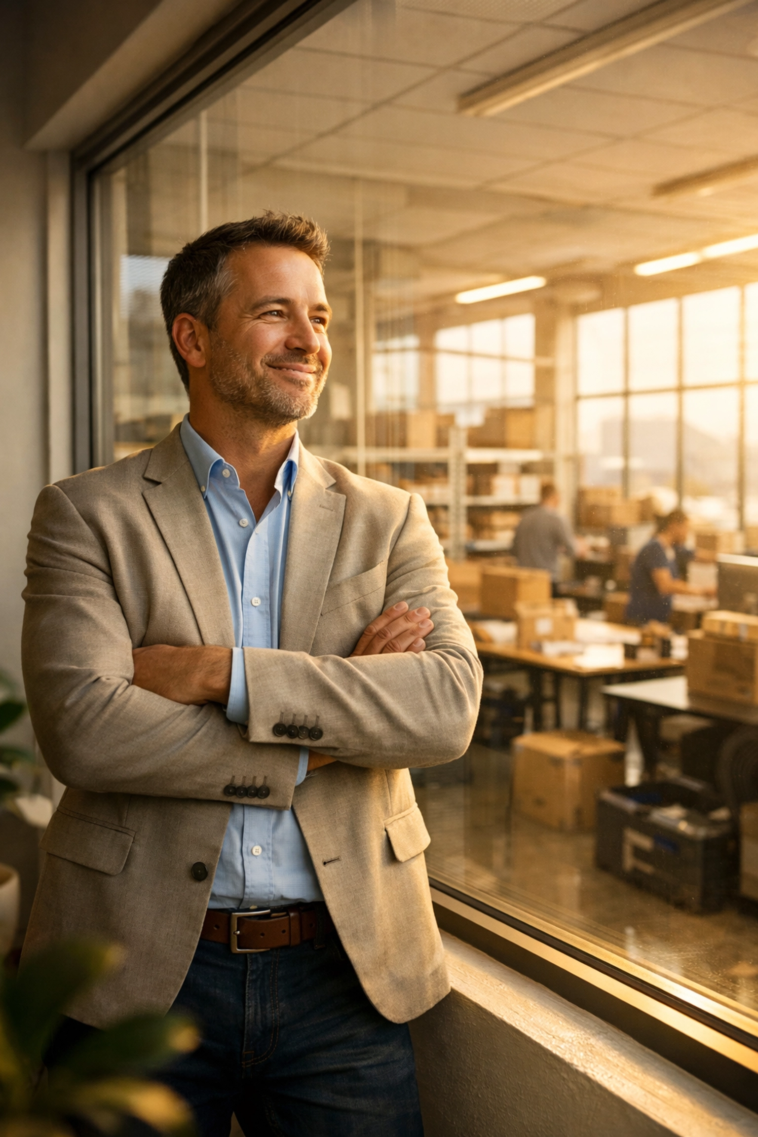 Confident business owner in modern office overseeing successful growth operations