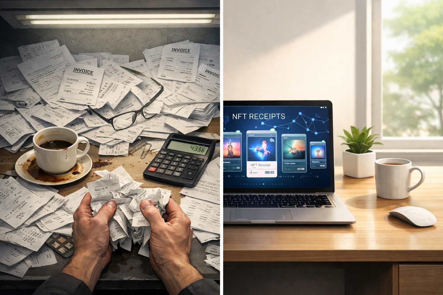 Traditional paper invoices versus organized digital NFT receipts for accounting