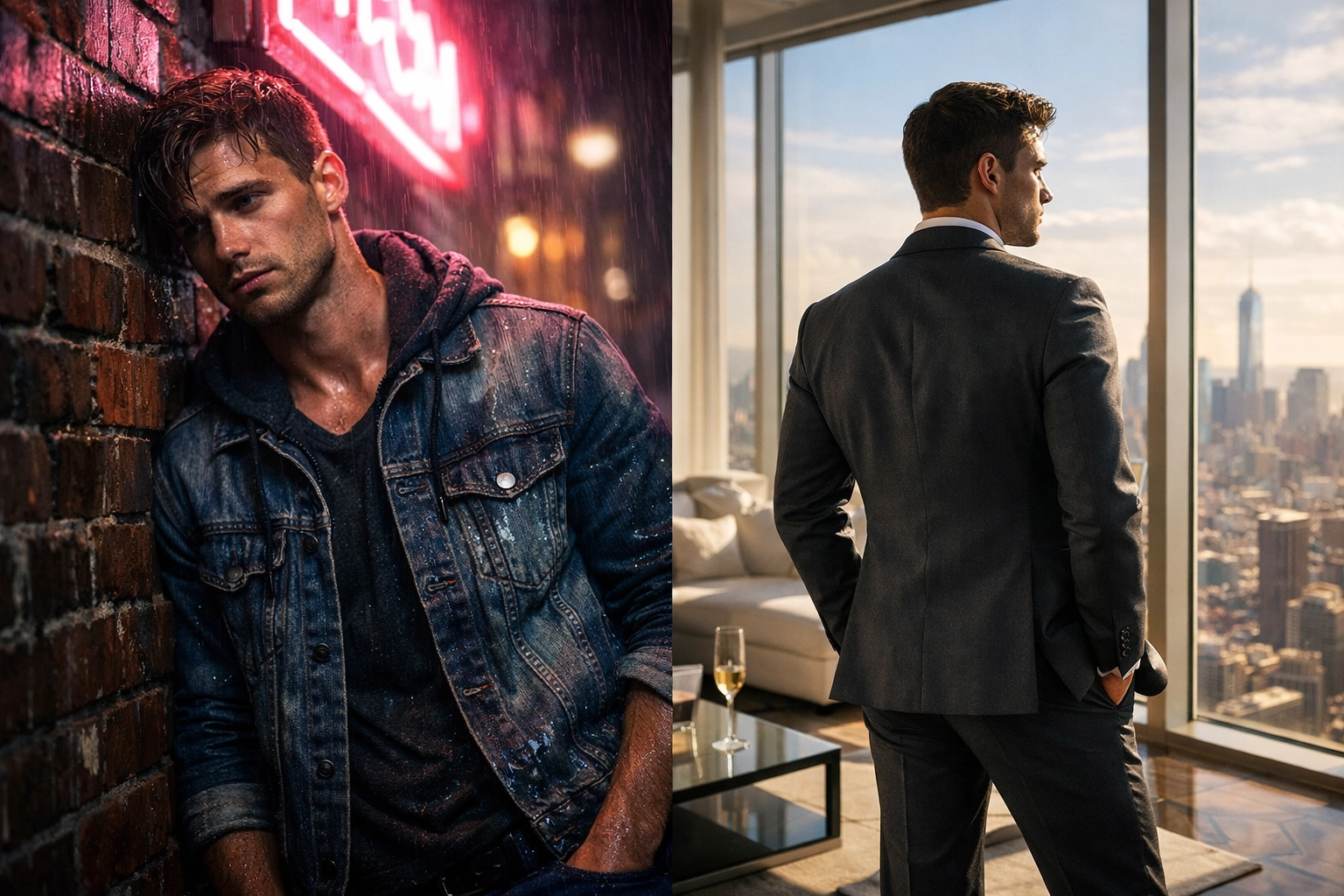 Split-screen image showing the contrast between street-level hustle and high-end escorting in MM romance books.