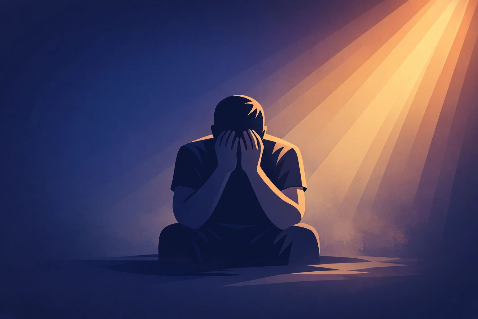 Person grieving alone with light breaking through darkness representing Christian healing journey