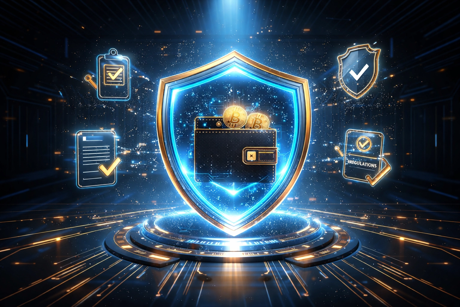 Digital shield protecting cryptocurrency wallet with MSB compliance and regulatory seals for merchant security