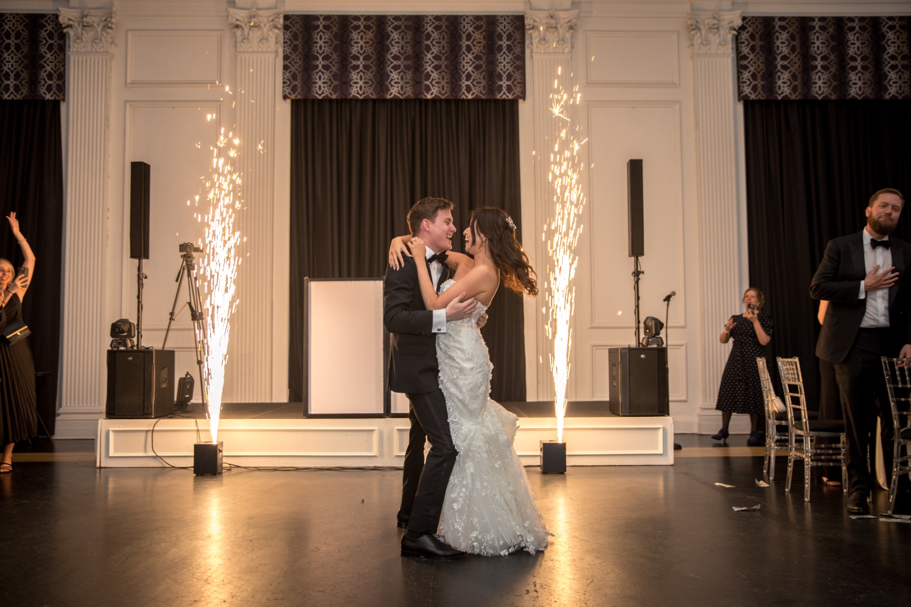 Leighanna & Brian first dance with sparklers—city-night magic