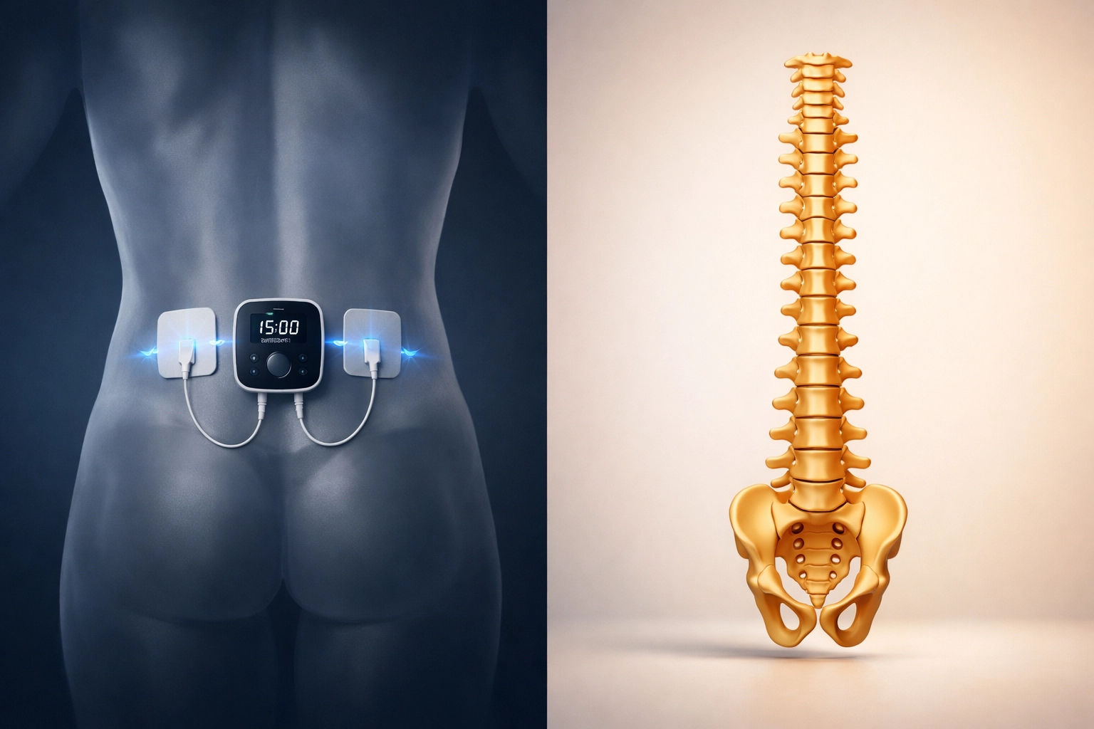 TENS unit providing temporary sciatica relief compared to balanced spine alignment for lasting results