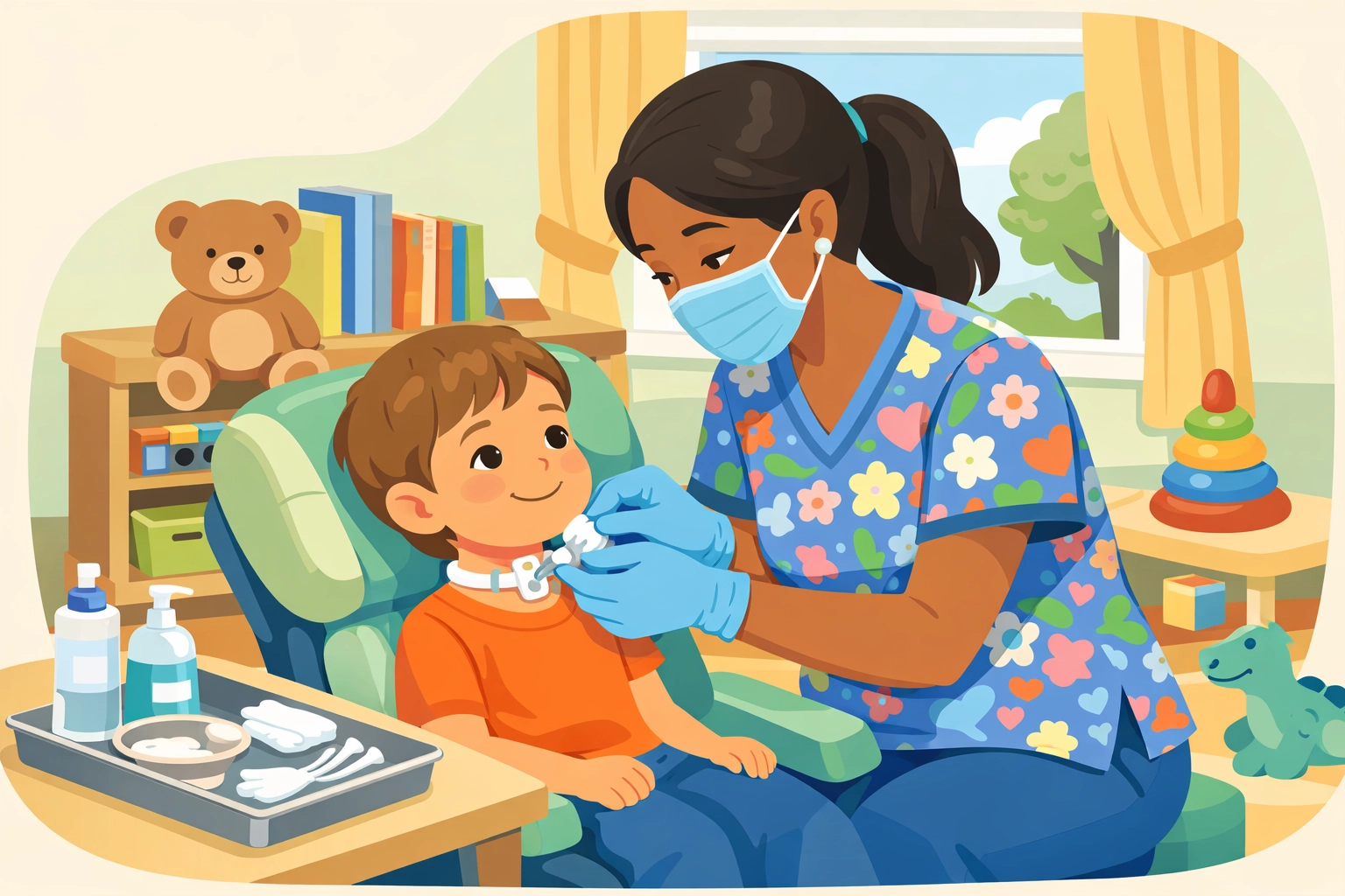Registered nurse performing professional tracheostomy care for medically fragile child