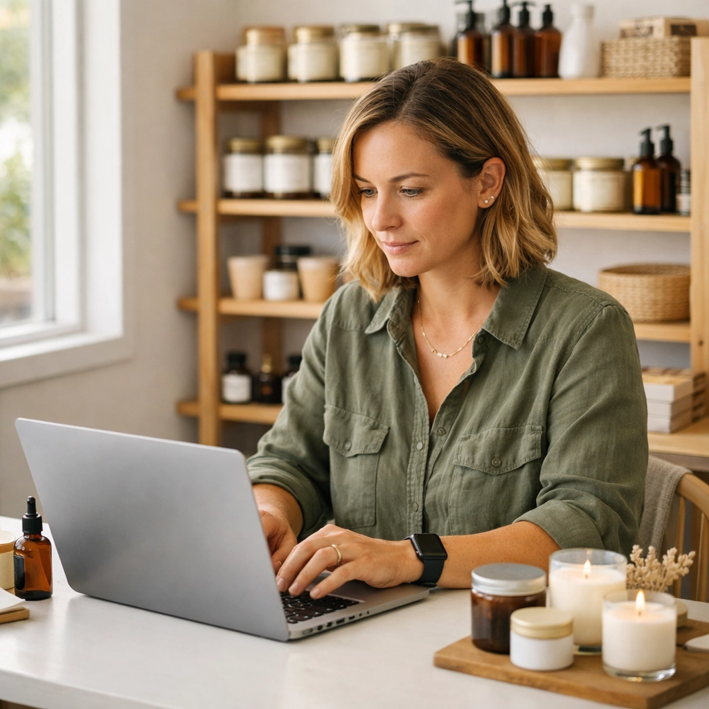 Australian wholesale supplier working on business listing surrounded by handcrafted products