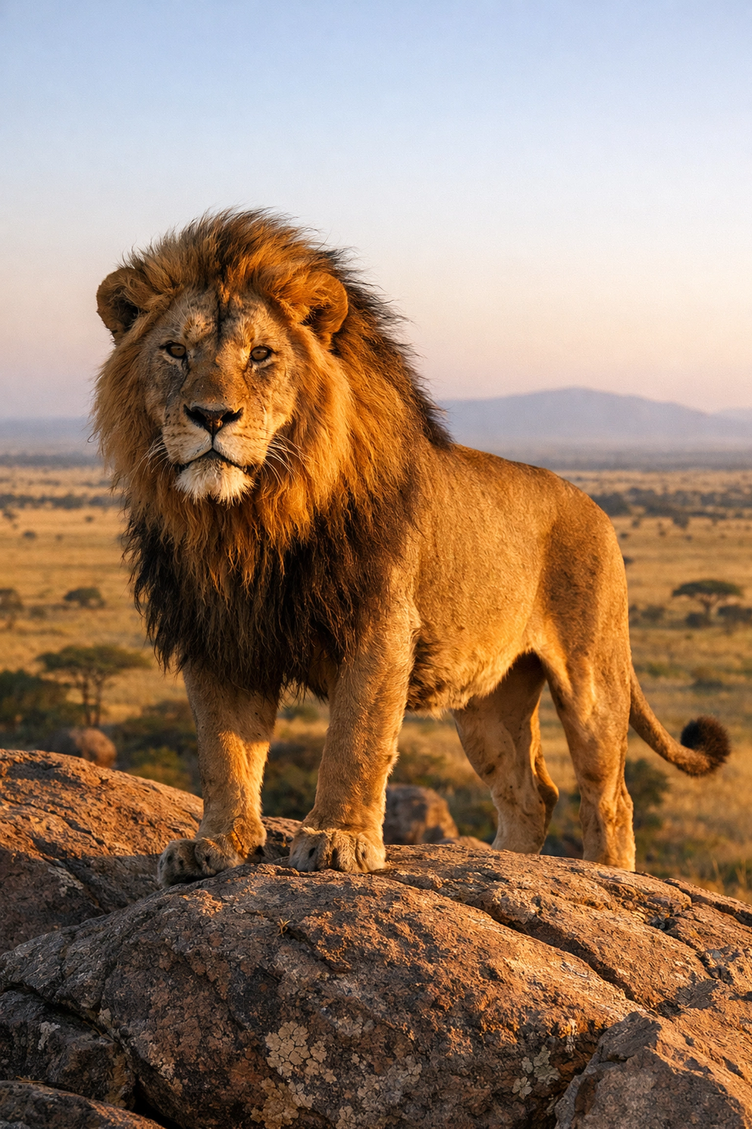A male African lion stands on a rocky kopje at sunset in the Serengeti savanna.