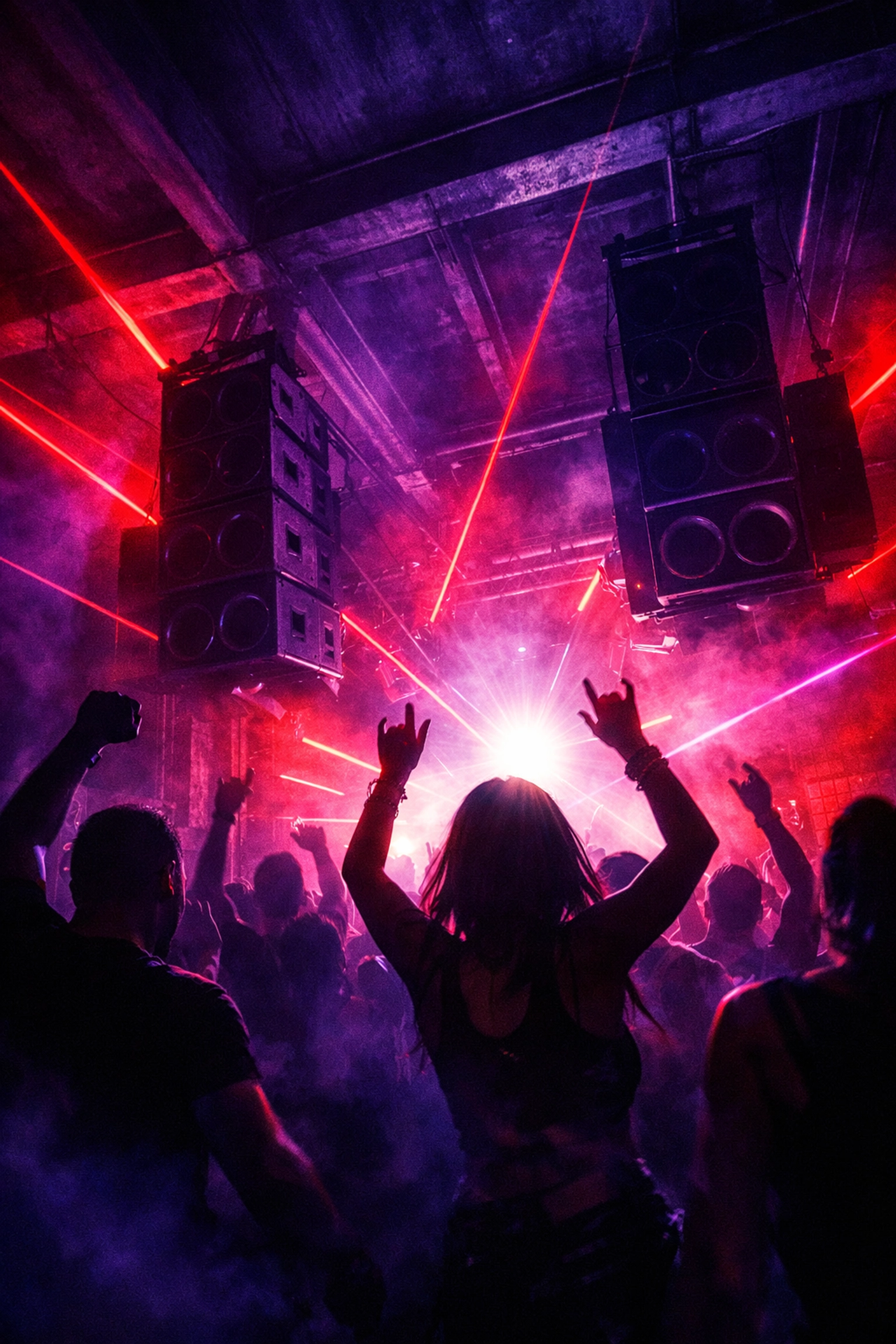 Berlin underground techno club interior with dancers and laser lights