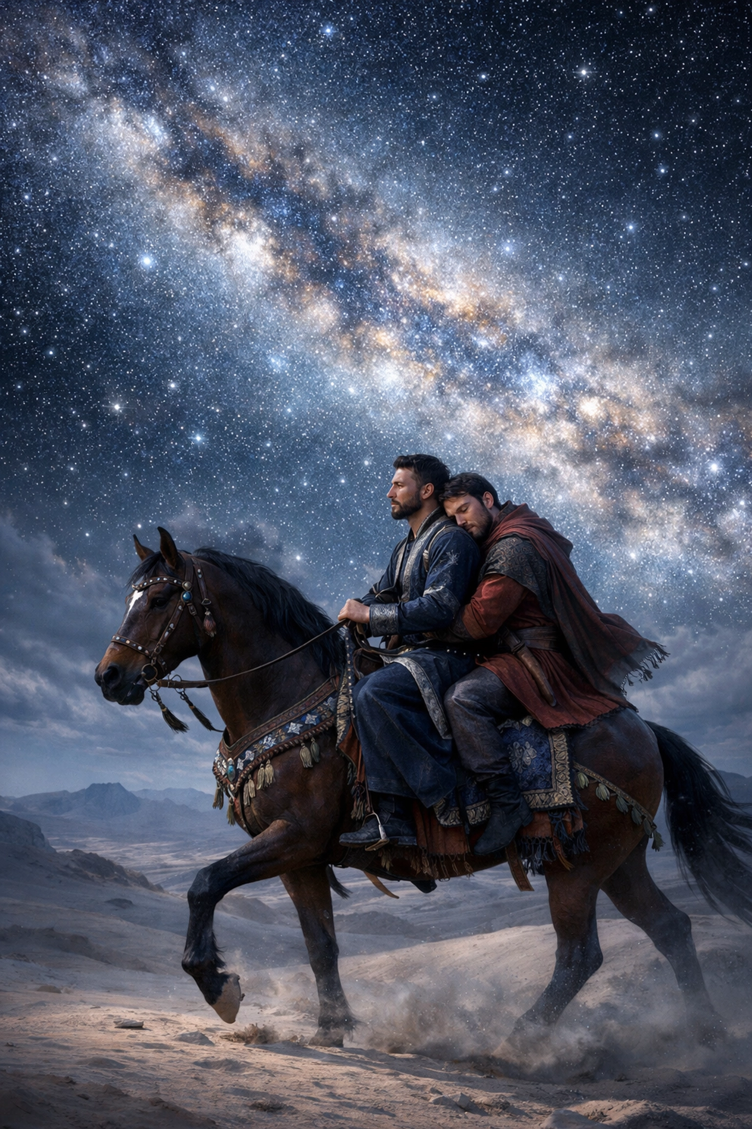 An Ottoman desert romance scene showing two men sharing a horse under a brilliant starry sky.