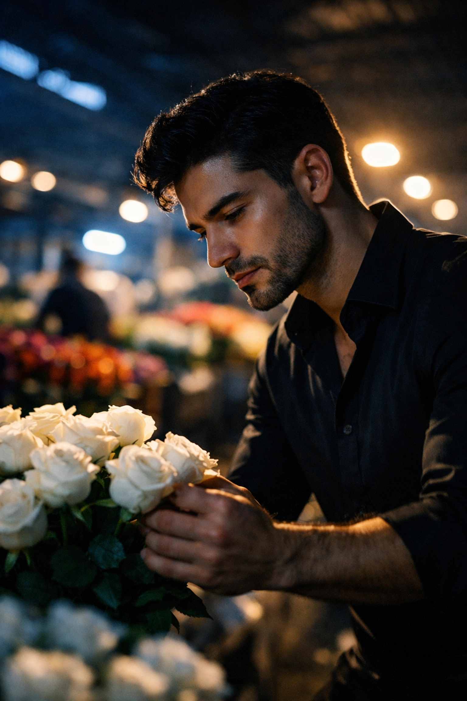 Gay florist selecting white roses at dawn wholesale flower market for luxury client event