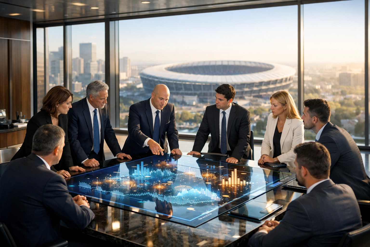 PRESS RELEASE: Boost Your Brand Visibility Instantly with These 5 Super Bowl Blitz Tips Corporate experts strategizing brand visibility in a modern command center with stadium views.