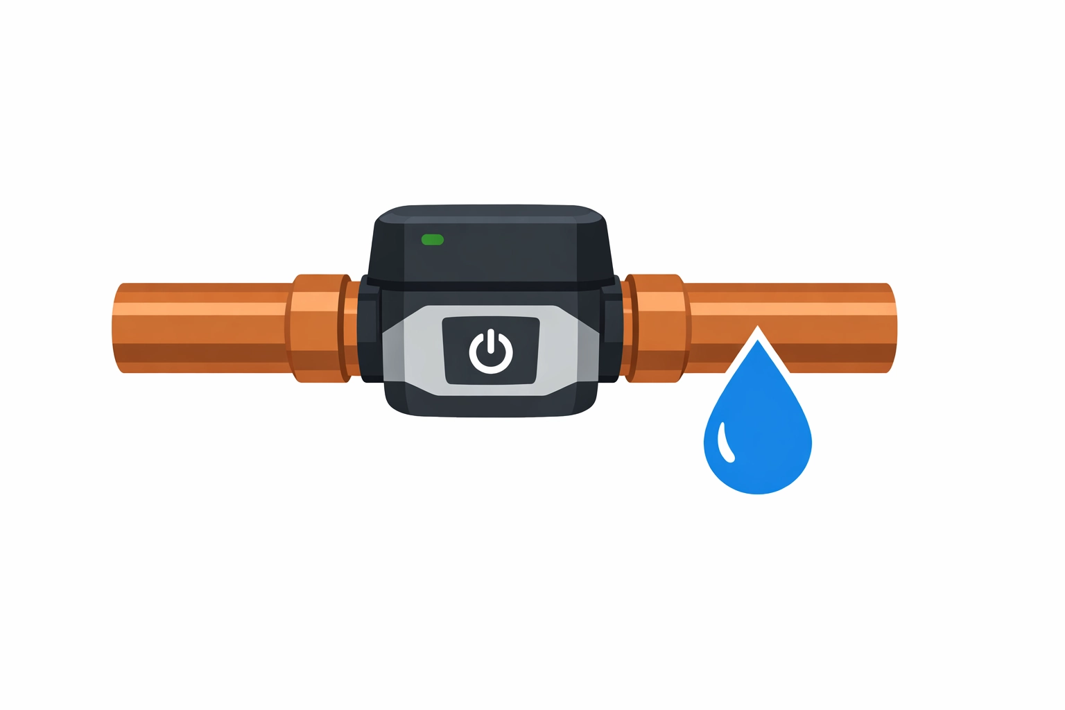 Smart automatic water shut-off valve on a copper pipe with a leak sensor icon.