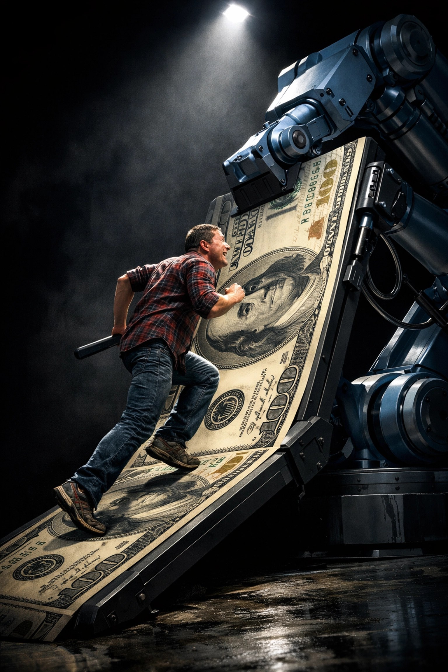 Man on a money treadmill struggling as rising insurance premiums outpace wage growth.