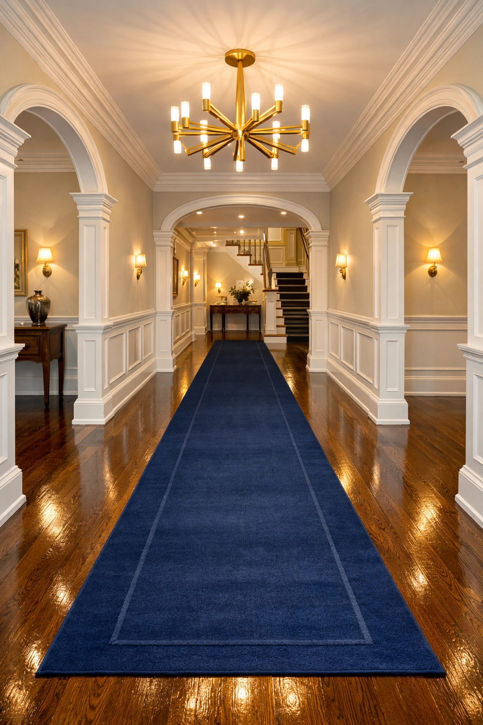 Immaculate grand entryway with polished wood floors after a professional house cleaning in Wellesley, MA.