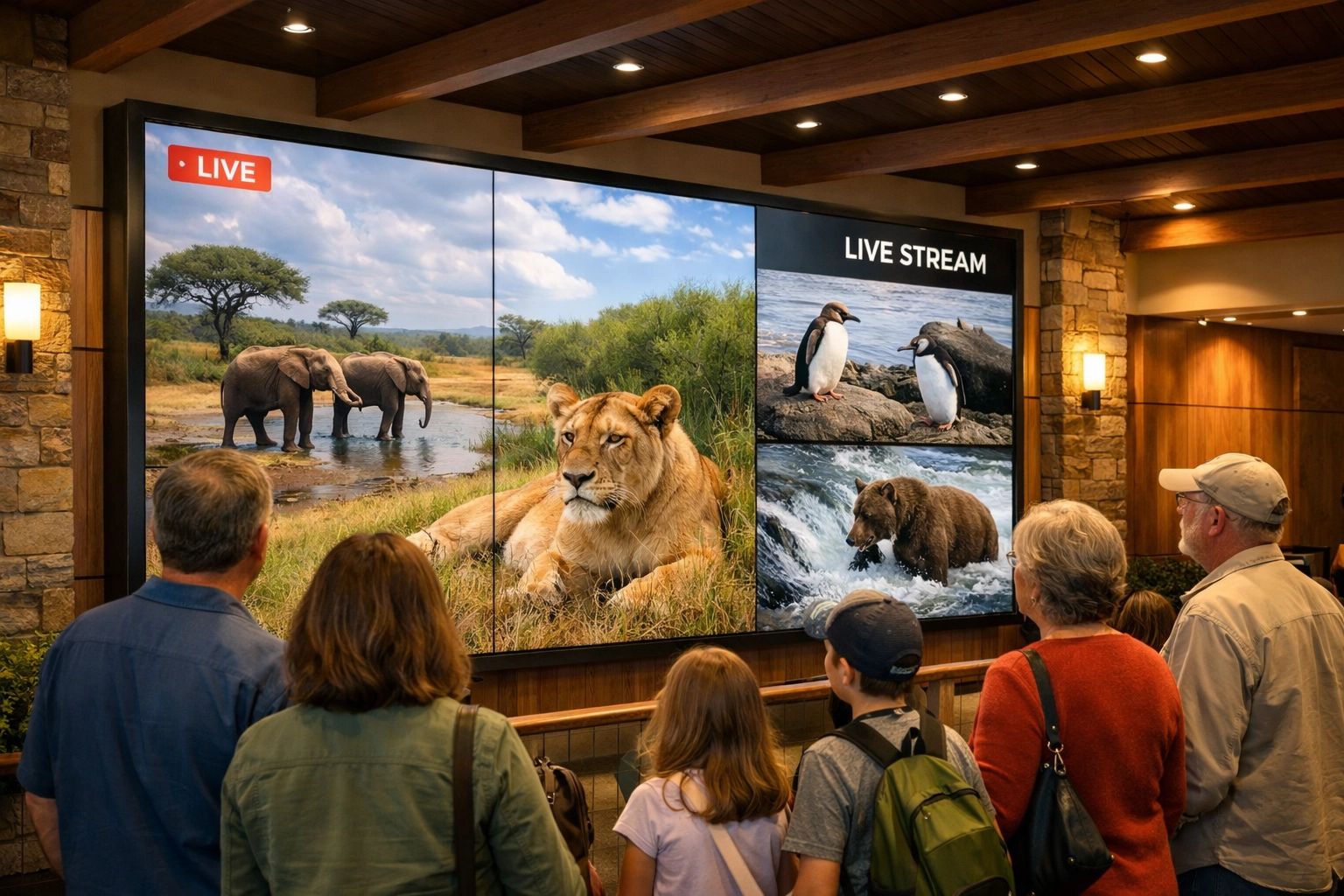 Zoo visitors viewing live animal footage on high-definition video wall display in visitor center
