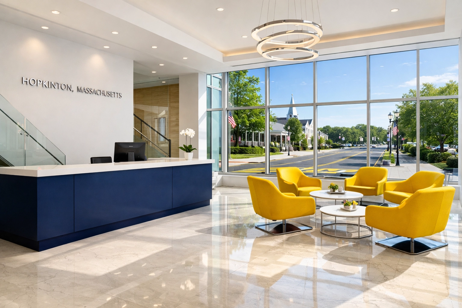 Pristine corporate lobby in Hopkinton, MA with polished floors showcasing professional office cleaning.