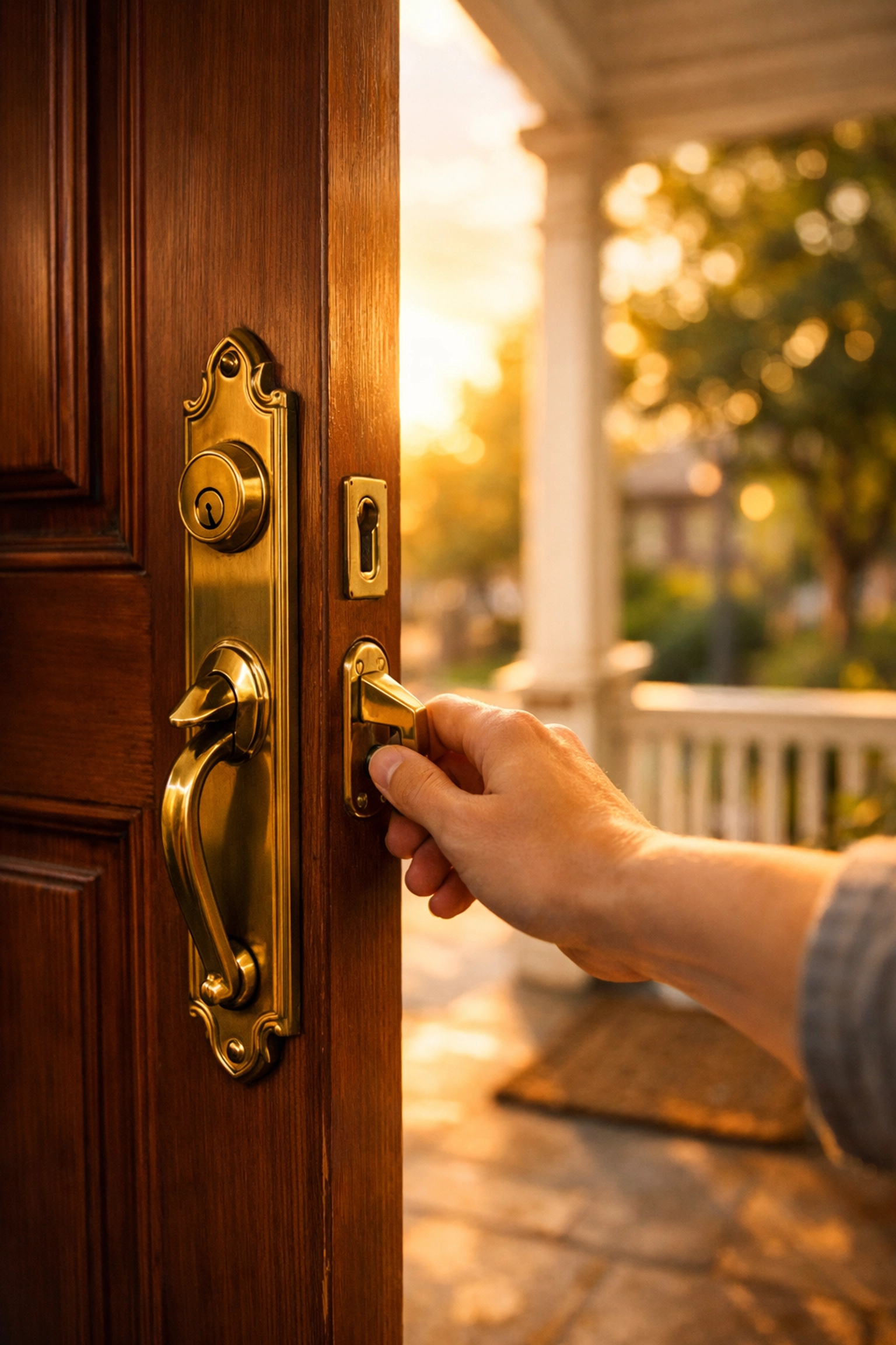 Opening front door to new possibilities in Philadelphia suburban neighborhood at golden hour