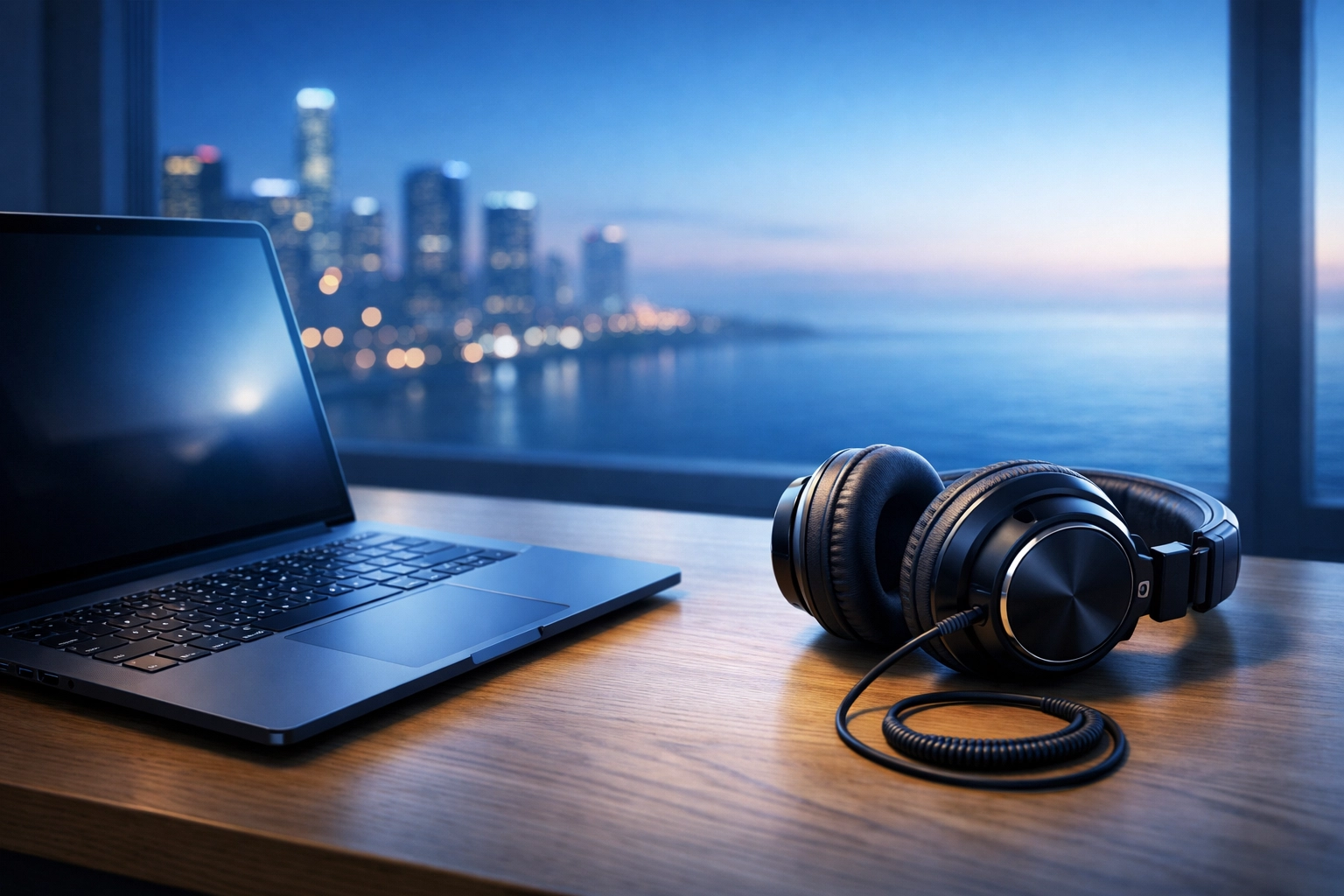 Studio headphones and laptop on a desk overlooking the ocean, representing cross-continental music collaboration.