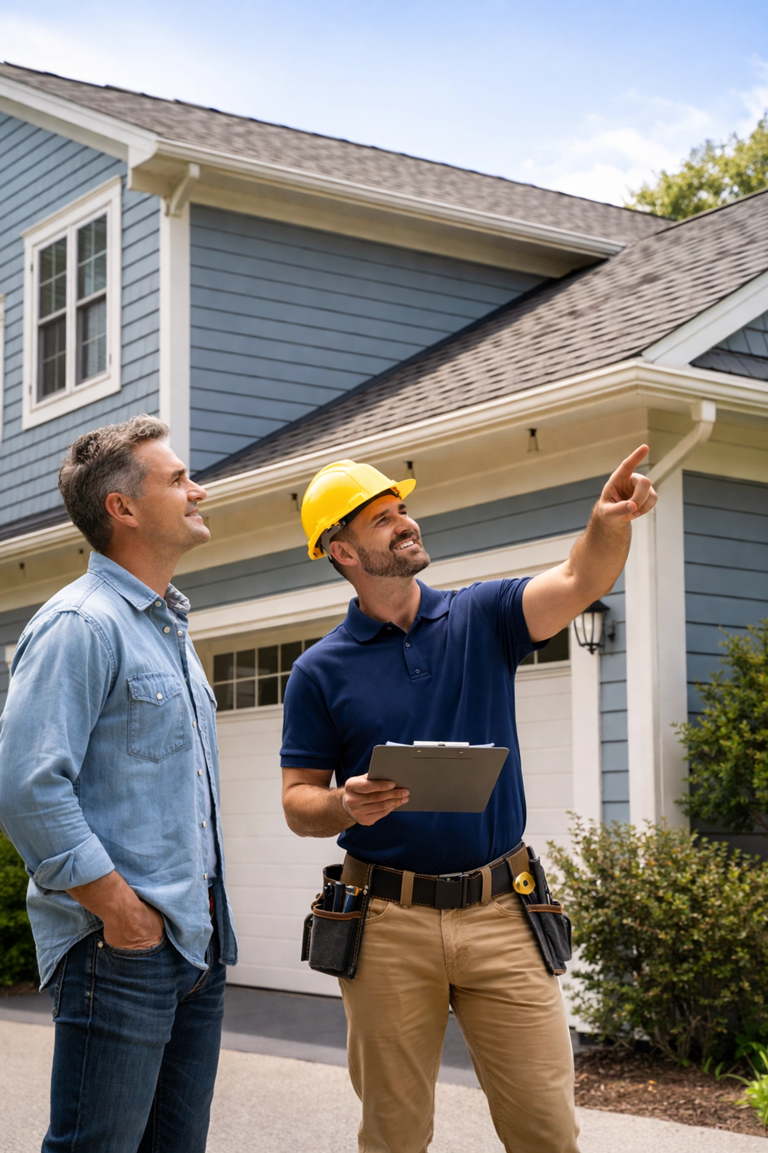 Homeowner and roofing contractor discussing residential roof inspection in Reading PA driveway