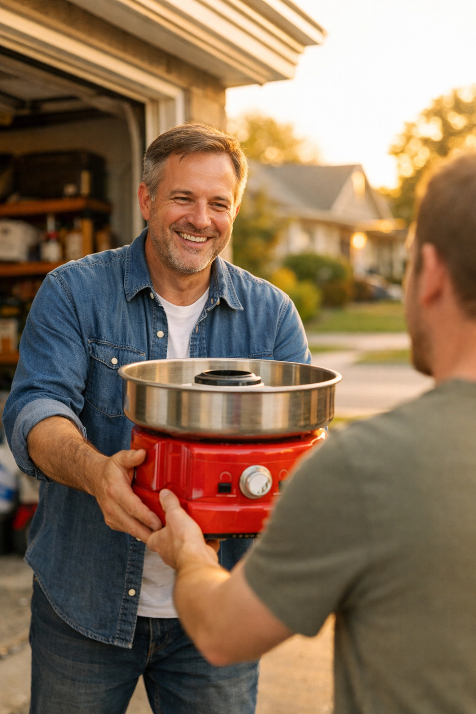 Neighbors sharing rental cotton candy machine in driveway through Chartrflex