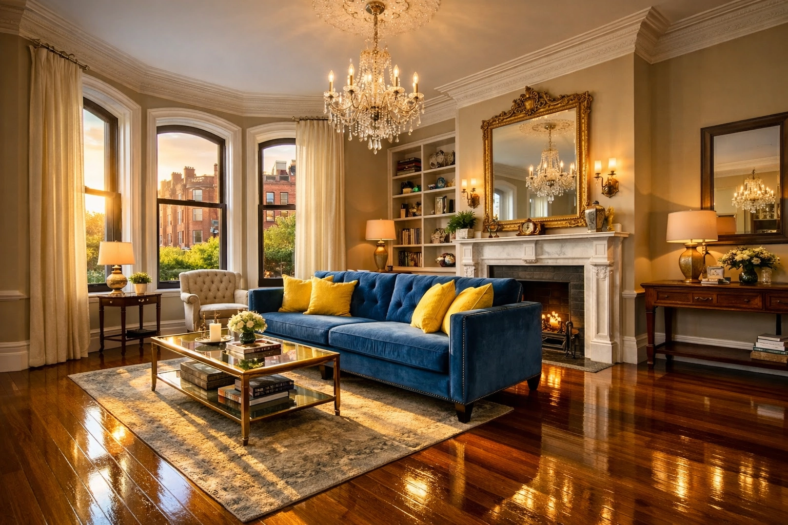 A pristine Boston living room featuring polished floors after professional deep cleaning services.