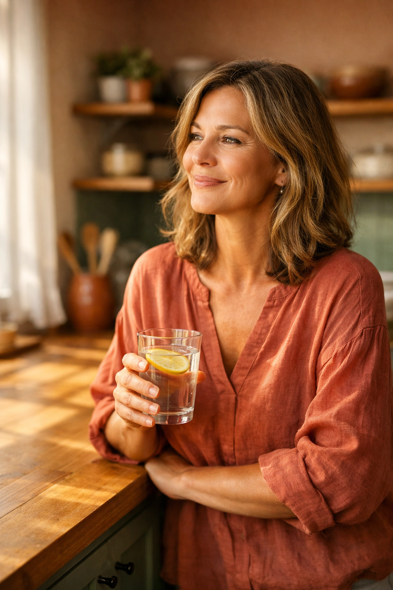 Woman supporting natural detox pathways with a glass of lemon water in a sunny kitchen.