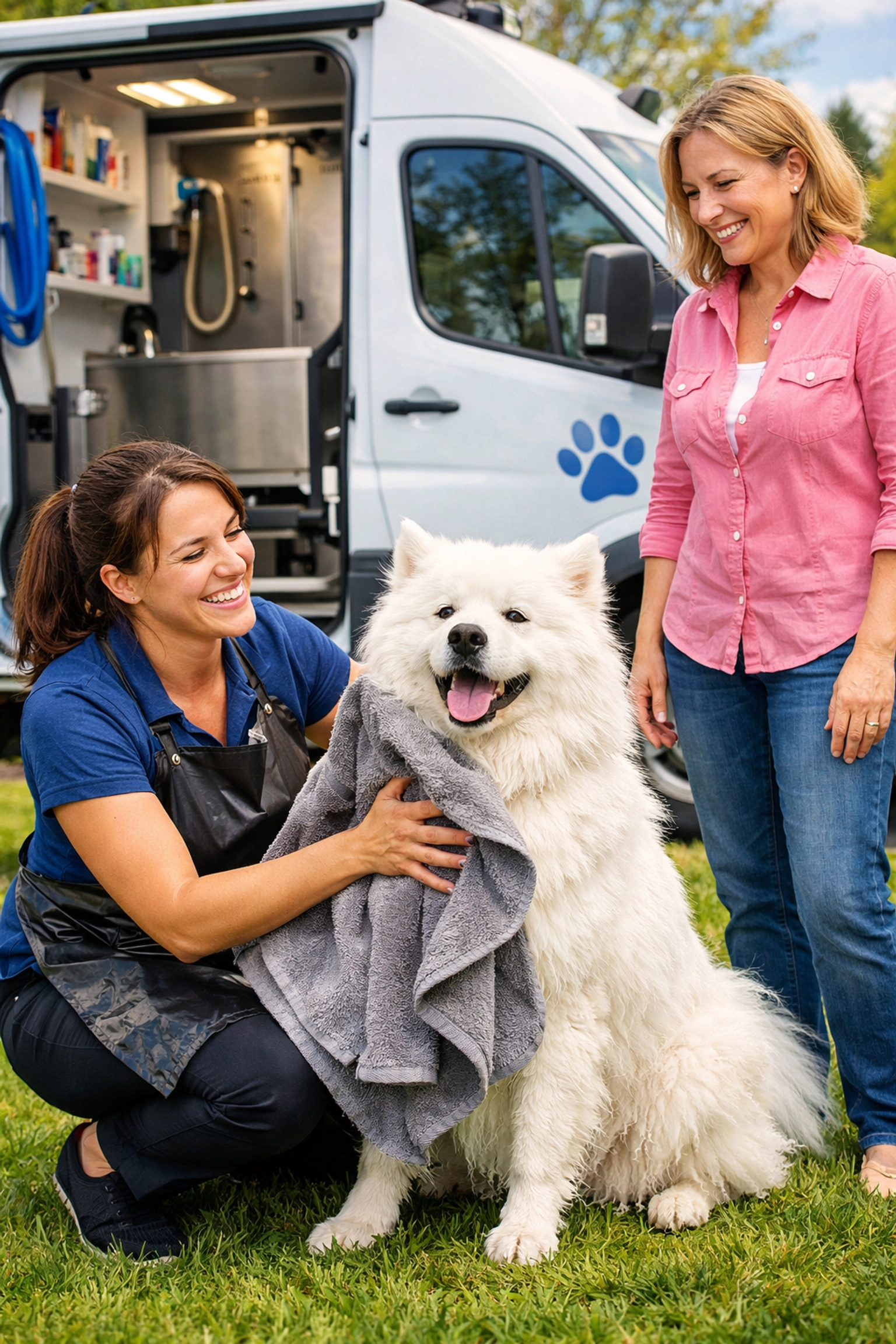Local mobile dog groomer building customer trust and E-E-A-T through high-quality service and reviews.
