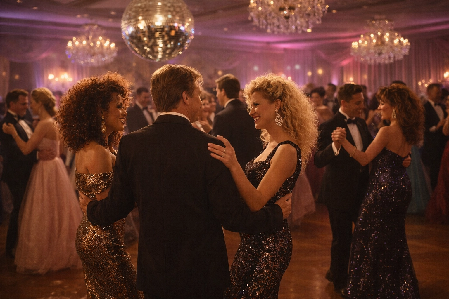 Neon 80s dance floor with a disco ball and people dancing