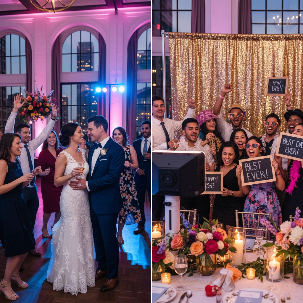 Wedding celebration with a couple dancing, guests cheering, pink-lit venue. Photo booth group holds "Best Day Ever!" signs, gold backdrop.