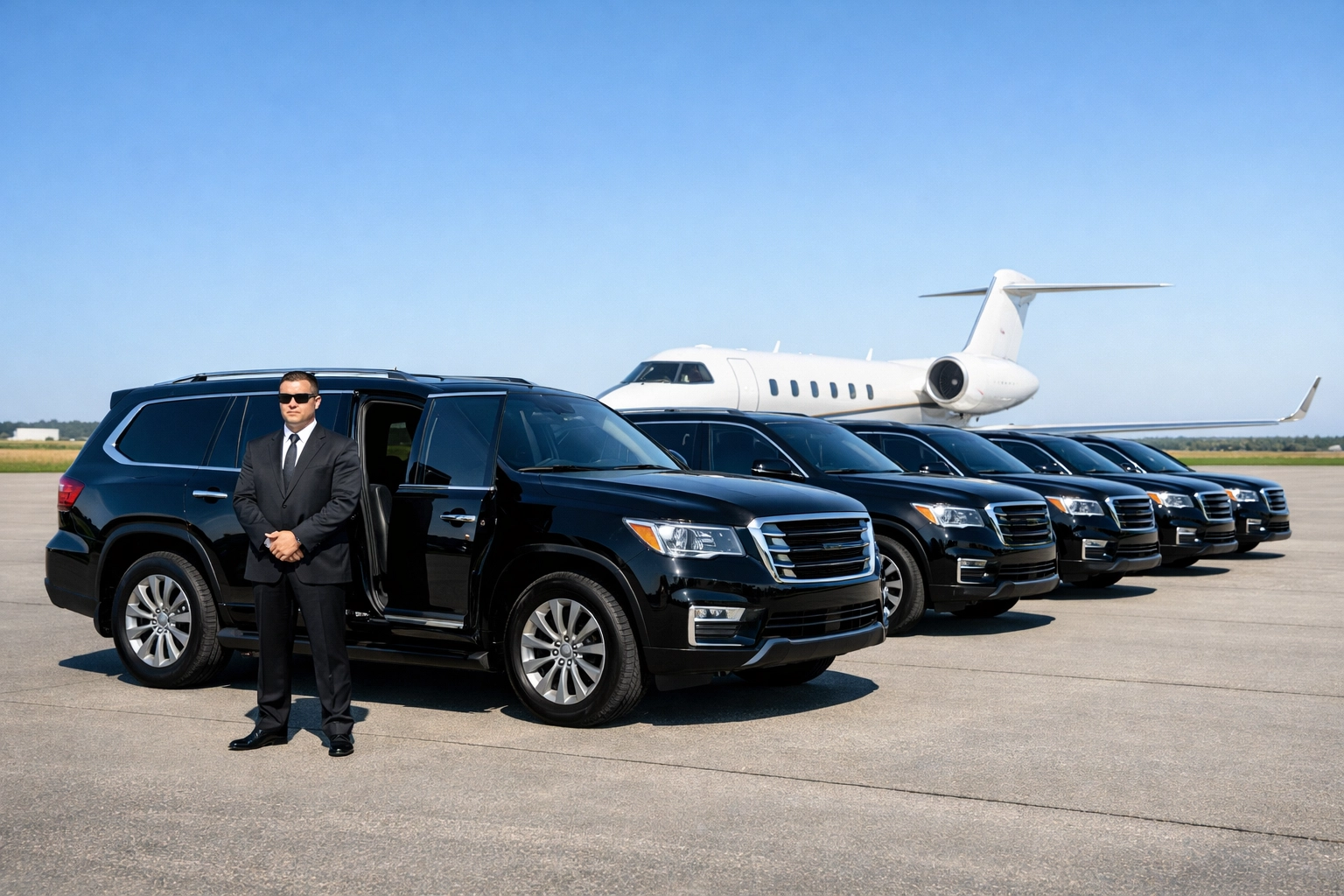 Luxury corporate transportation fleet and private jet awaiting executives for Super Bowl networking events.