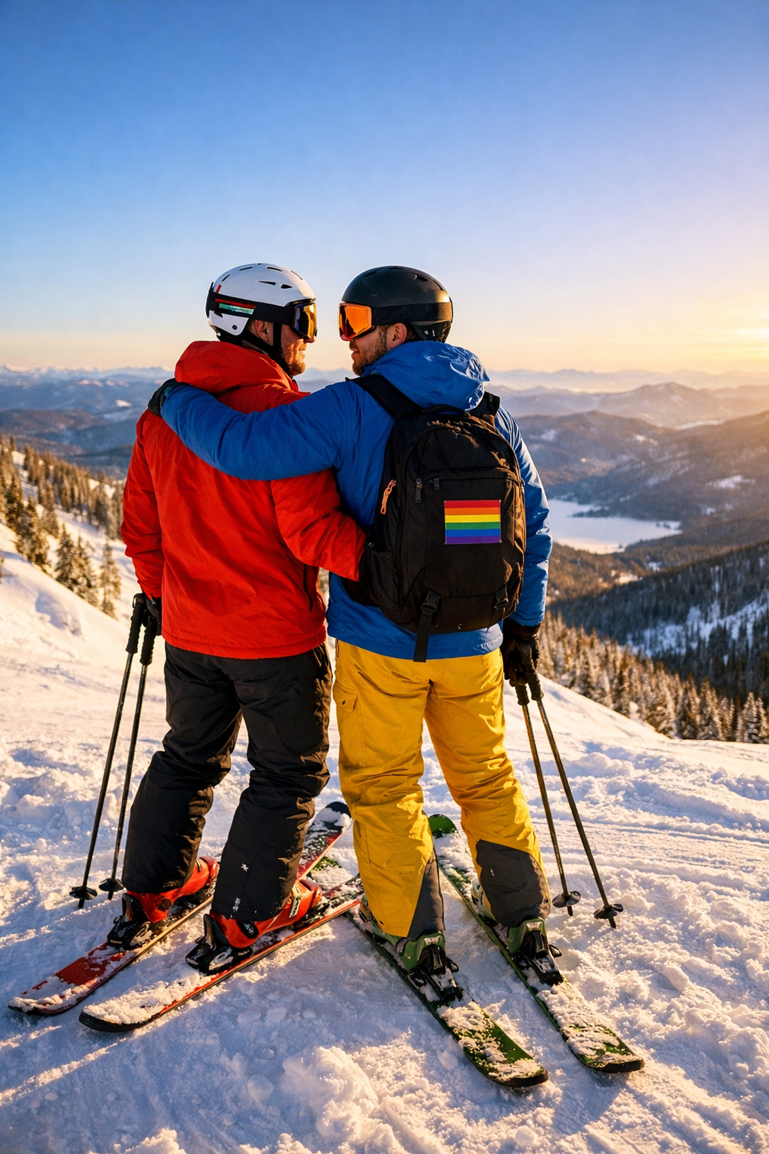 Gay skiers at Mont Tremblant resort enjoying winter mountain slopes