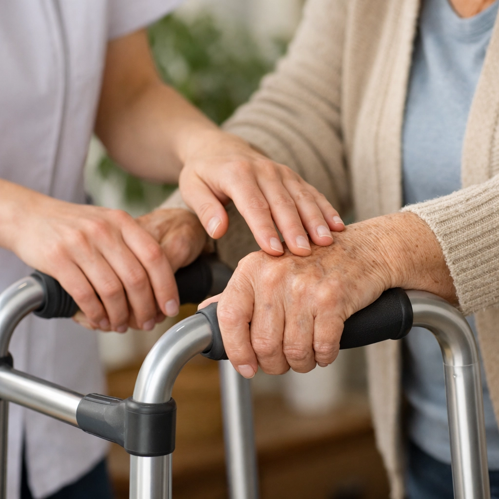 Physical therapist teaching a senior correct gait and walker use for improved stability.