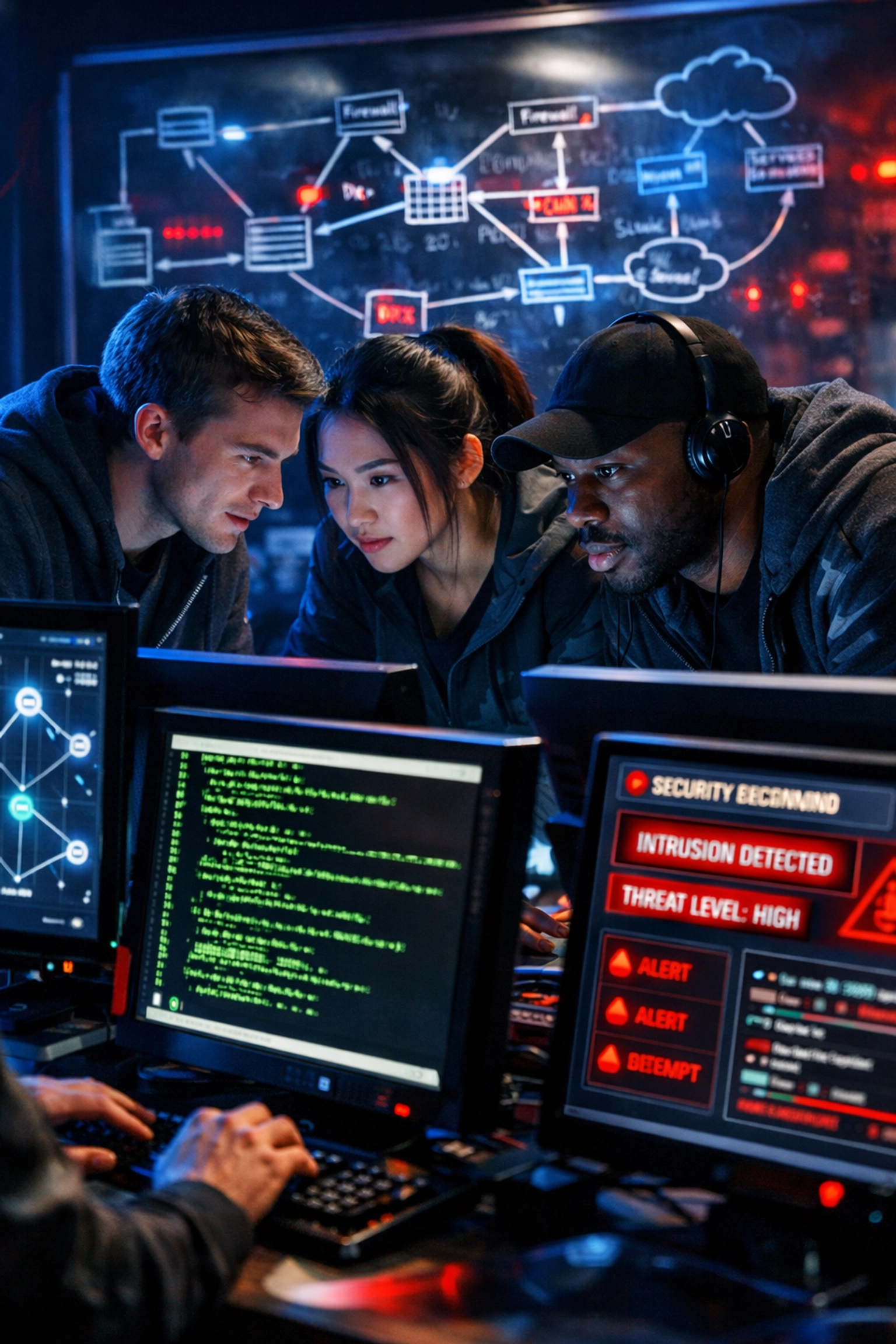 Students collaborating on cybersecurity training exercises in a learning pod environment