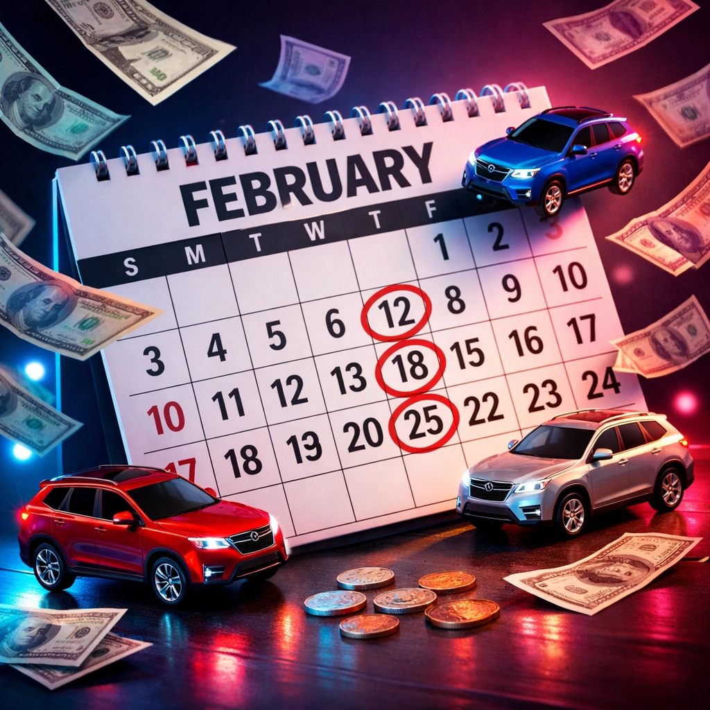February calendar with dollar bills and SUVs showing used car savings season in Arnold