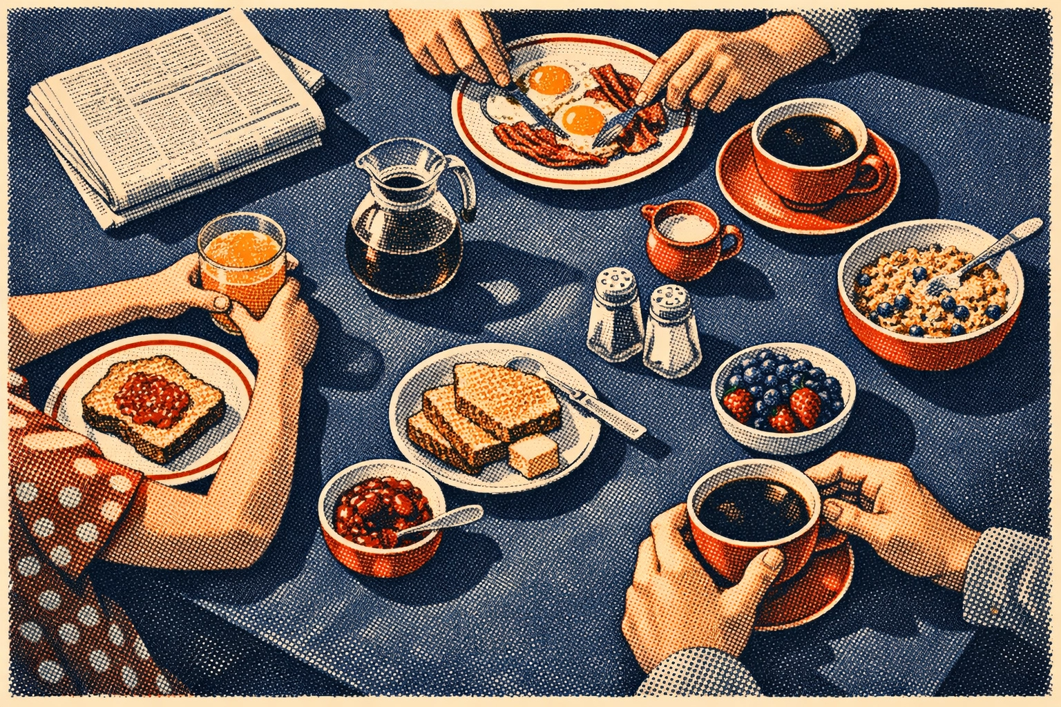 Family breakfast table with newspaper and coffee in calm morning light