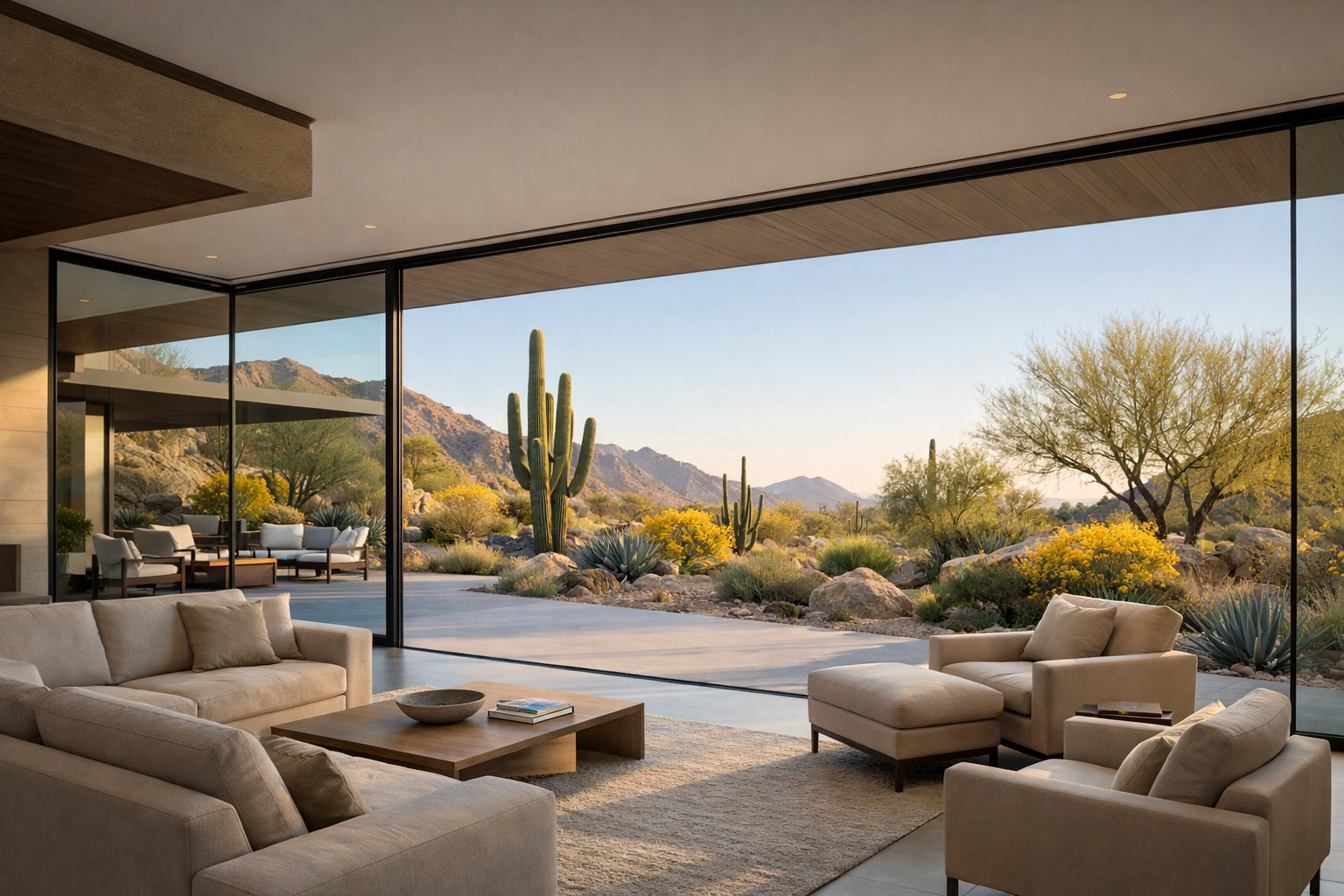 Modern energy-efficient home addition in Phoenix featuring high-performance glass walls and desert views.