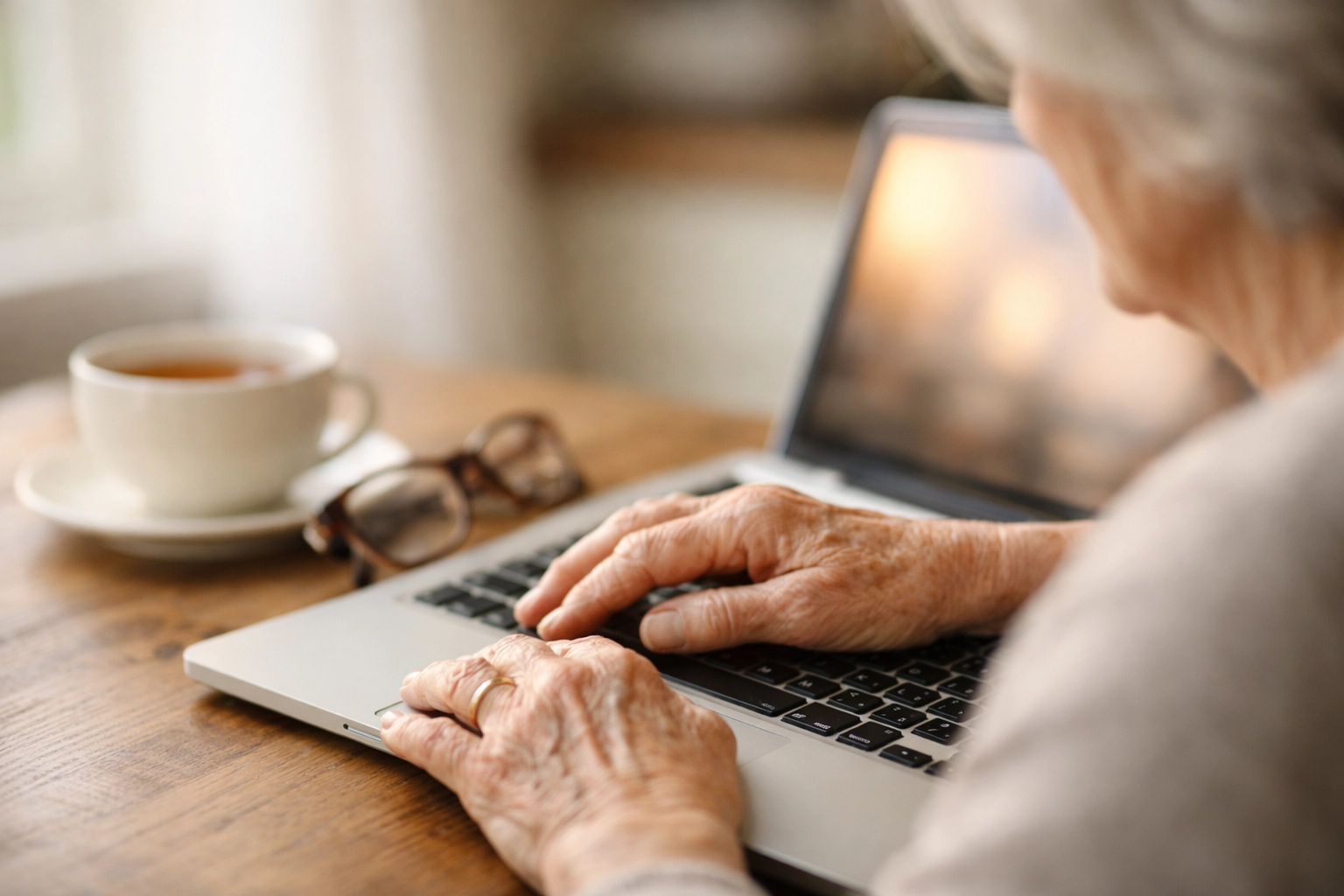 Senior woman confidently using laptop with patient IT support from Rahvion