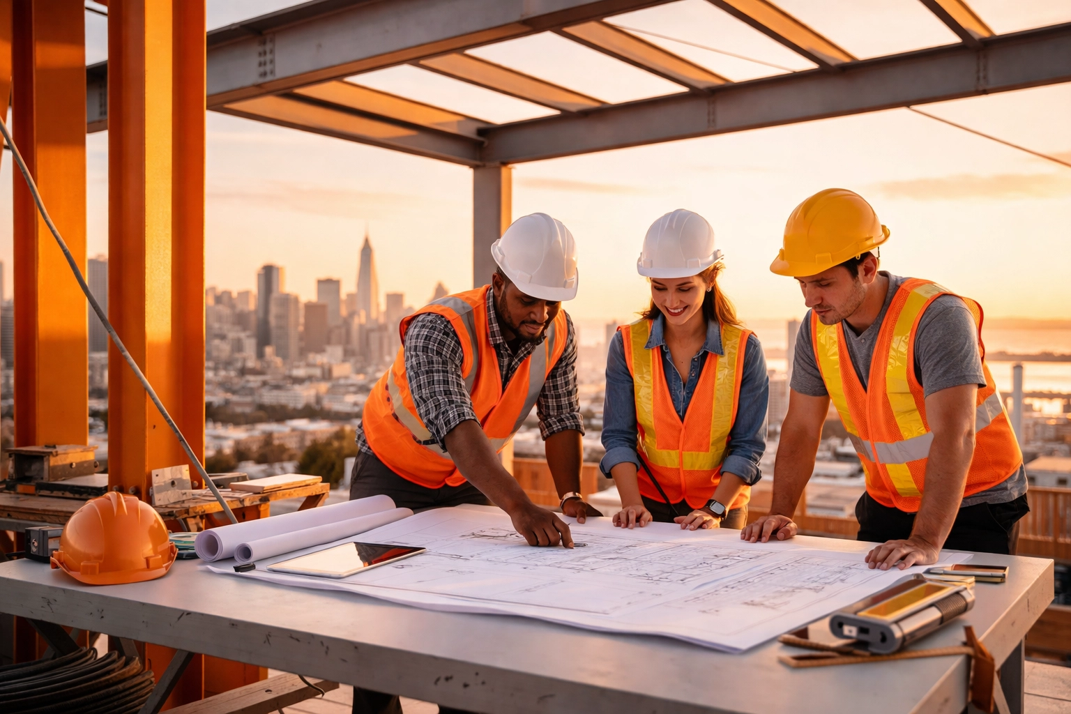 Construction workers collaborating on blueprints at a Bay Area site, symbolizing skilled trades careers.