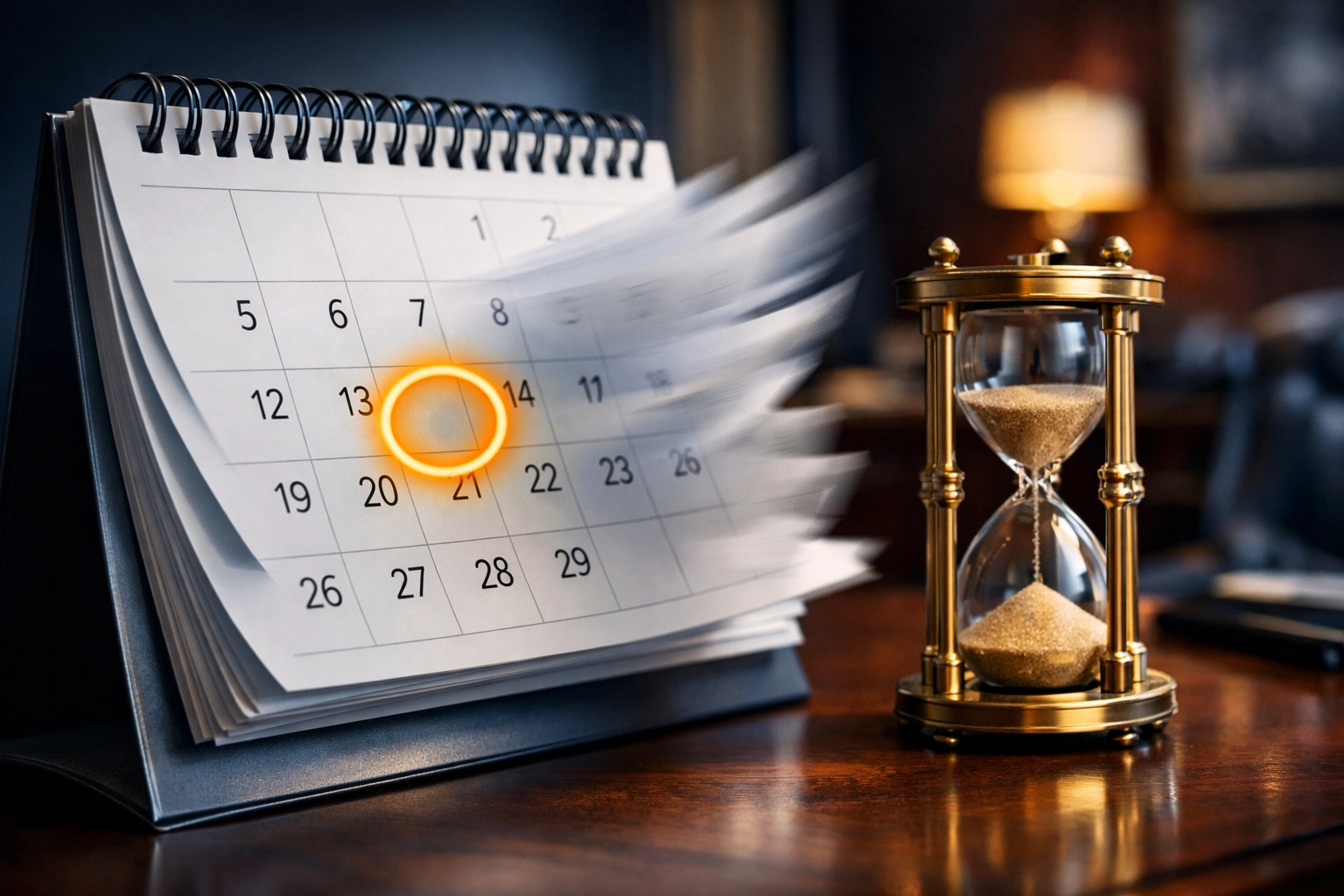 A desk calendar with an hourglass highlighting urgent 2026 payroll tax filing deadlines.