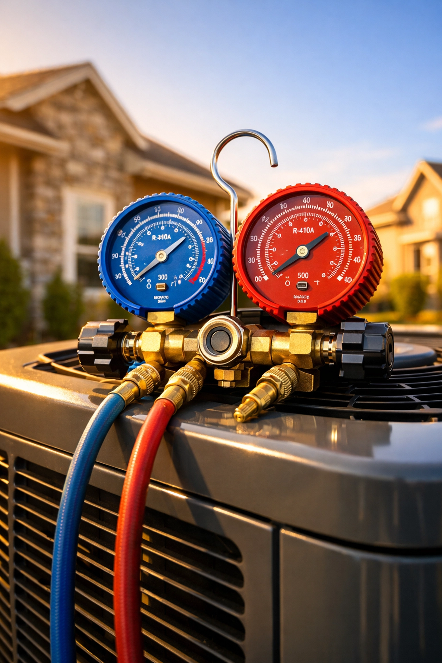 Professional HVAC gauges on an outdoor air conditioning unit for expert AC repair services.