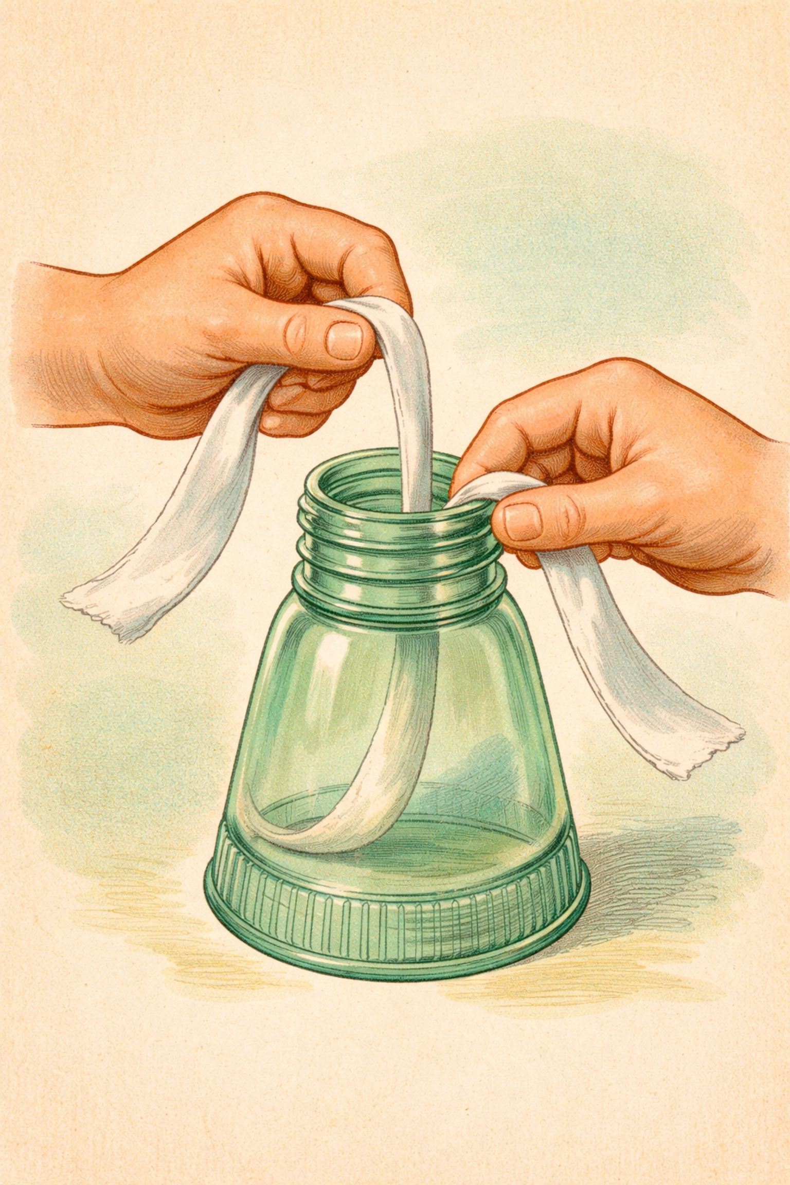 Illustration showing hands threading a cotton wick through the neck of a soda bottle top for making a hydroponic planter.